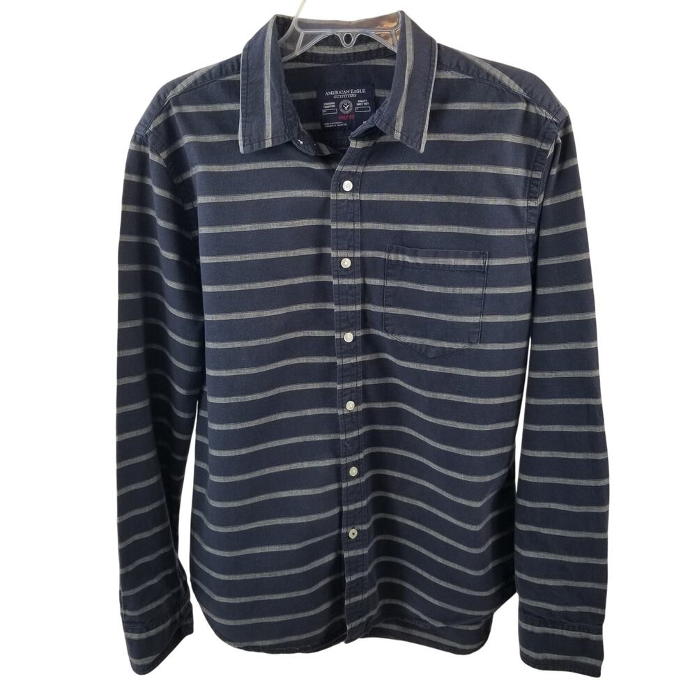 American Eagle Outfitters Blue Gray Striped Prep Fit Button Down Shirt Medium